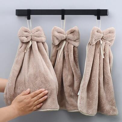 3pcs/Pack Coral Fleece Creative Striped Bow Soft Absorbent Hand Towels With Hanging Loop Dish Cloths Kitchen Towel