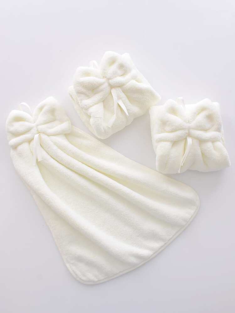 3pcs/Pack Coral Fleece Creative Striped Bow Soft Absorbent Hand Towels With Hanging Loop Dish Cloths Kitchen Towel - White - View 4