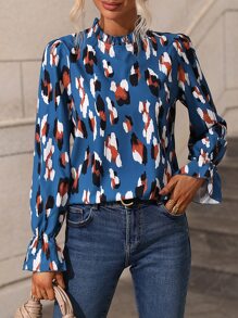 SHEIN VCAY Allover Print Flounce Sleeve Blouse - Blue - View 1