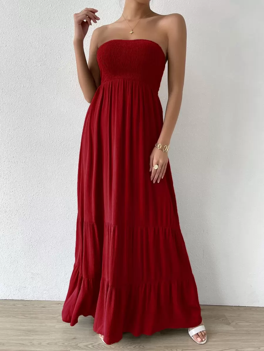 SHEIN LUNE Solid Color Bandeau Pleated Long Dress - Red - View 1