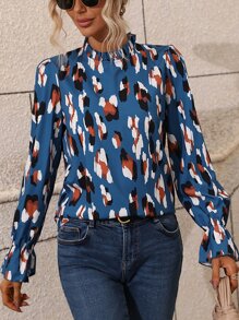 SHEIN VCAY Allover Print Flounce Sleeve Blouse - Blue - View 3