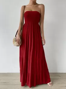 SHEIN LUNE Solid Color Bandeau Pleated Long Dress - Red - View 3