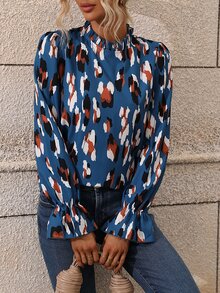 SHEIN VCAY Allover Print Flounce Sleeve Blouse - Blue - View 5
