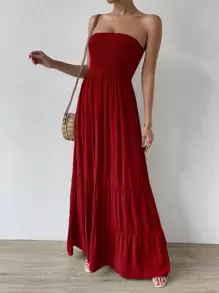 SHEIN LUNE Solid Color Bandeau Pleated Long Dress - Red - View 4