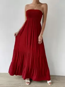 SHEIN LUNE Solid Color Bandeau Pleated Long Dress - Red - View 5