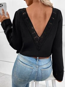 SHEIN Unity Guipure Lace Insert V Back Blouse - Black - View 3