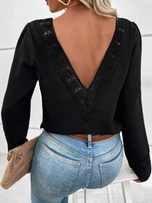 SHEIN Unity Guipure Lace Insert V Back Blouse - Black - View 1