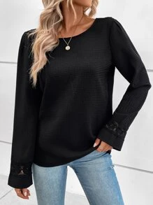 SHEIN Unity Guipure Lace Insert V Back Blouse - Black - View 5