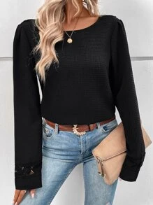 SHEIN Unity Guipure Lace Insert V Back Blouse - Black - View 6
