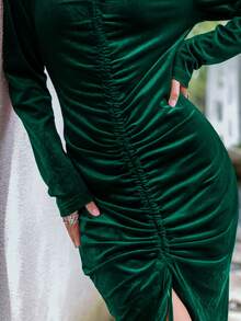 Simplee Drawstring Front Bodycon Dress - Dark Green - View 5