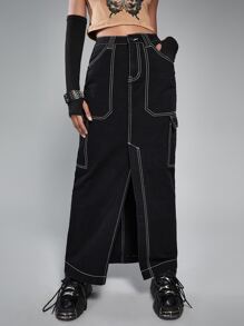 ROMWE Grunge Punk High Waist Top-stitching Slit Hem Denim Skirt - Black - View 1