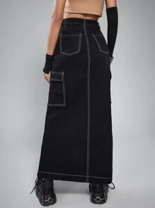 ROMWE Grunge Punk High Waist Top-stitching Slit Hem Denim Skirt - Black - View 2