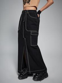 ROMWE Grunge Punk High Waist Top-stitching Slit Hem Denim Skirt - Black - View 3