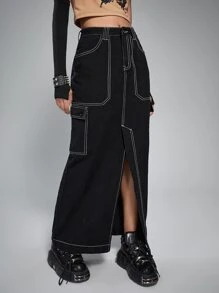 ROMWE Grunge Punk High Waist Top-stitching Slit Hem Denim Skirt - Black - View 4