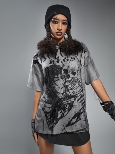 Grunge Punk Tie Dye Figure & Skull Print Drop Shoulder Tee