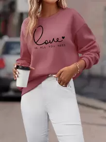 SHEIN LUNE 心形标语图案落肩卫衣，爱就是你所需要的一切，毕业、教师、返校季套头衫，秋季款 - 藕粉色 - 查看 4