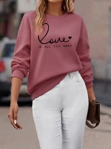 SHEIN LUNE 心形标语图案落肩卫衣，爱就是你所需要的一切，毕业、教师、返校季套头衫，秋季款 - 藕粉色 - 查看 5
