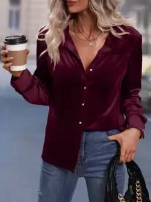 SHEIN LUNE 素色前紐扣絲絨襯衫 - 酒紅色 - 查看 1