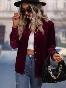 SHEIN LUNE 素色前紐扣絲絨襯衫 - 酒紅色 - 查看 3