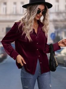 SHEIN LUNE 素色前紐扣絲絨襯衫 - 酒紅色 - 查看 4