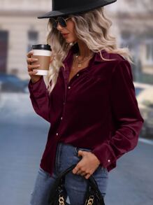SHEIN LUNE 素色前紐扣絲絨襯衫 - 酒紅色 - 查看 5