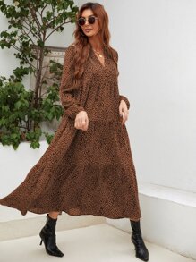 SHEIN LUNE Vestido smock con estampado de leopardo de manga farol bajo con fruncido - Marrón - Ver 1