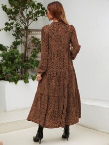 SHEIN LUNE Vestido smock con estampado de leopardo de manga farol bajo con fruncido - Marrón - Ver 2