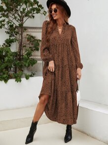 SHEIN LUNE Vestido smock con estampado de leopardo de manga farol bajo con fruncido - Marrón - Ver 6