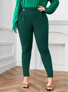 SHEIN Essnce Plus High Waist Plicated Trousers - Dark Green - View 1