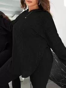 SHEIN Essnce 大碼連帽落肩袖運動衫和緊身打底褲 - 黑色 - 查看 4