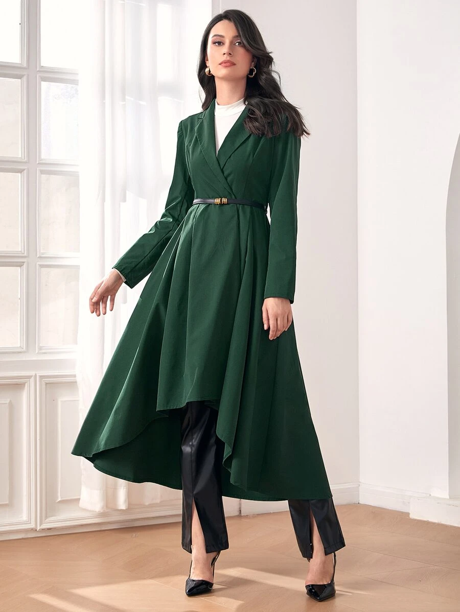 Modelyn Lapel Neck High Low Hem Belted Coat - Dark Green - View 1