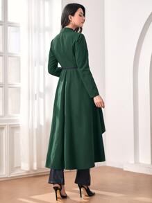 Modelyn Lapel Neck High Low Hem Belted Coat - Dark Green - View 2