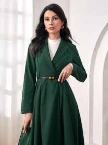 Modelyn Lapel Neck High Low Hem Belted Coat - Dark Green - View 3