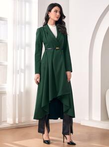 Modelyn Lapel Neck High Low Hem Belted Coat - Dark Green - View 4