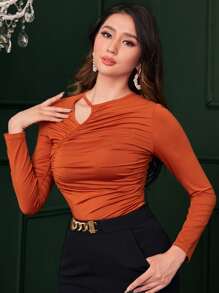 Modelyn Cut Out Ruched Solid Tee - Burnt Orange - View 1