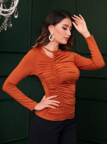 Modelyn Cut Out Ruched Solid Tee - Burnt Orange - View 4