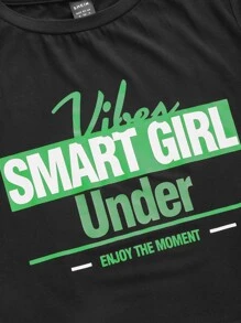 SHEIN Coolane 標語圖案T恤和褶邊側繫帶不對稱下擺半身裙 - 綠色 - 查看 4