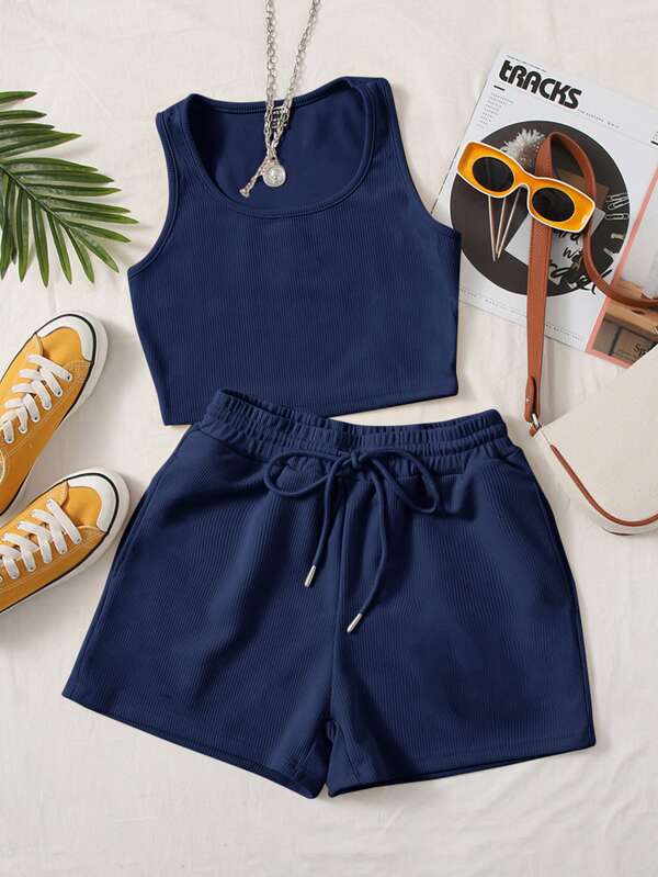 SHEIN EZwear 大圓領背心上衣和運動短褲