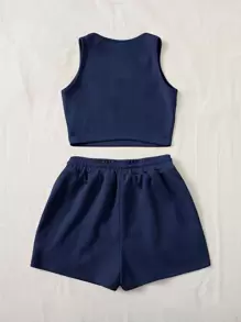 SHEIN EZwear Top tank de cuello scoop con Shorts deportivos - Azul Marino - Ver 2