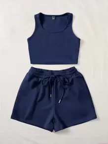 SHEIN EZwear Top tank de cuello scoop con Shorts deportivos - Azul Marino - Ver 3