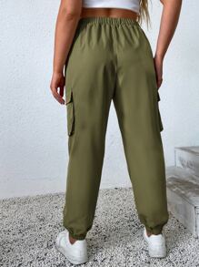 SHEIN EZwear Quần Plus Size Túi màu trơn Giải trí - xanh quân đội - Xem 2