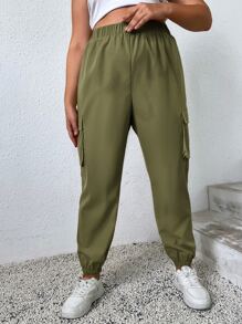 SHEIN EZwear Quần Plus Size Túi màu trơn Giải trí - xanh quân đội - Xem 4