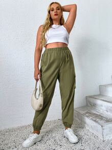 SHEIN EZwear Quần Plus Size Túi màu trơn Giải trí - xanh quân đội - Xem 5