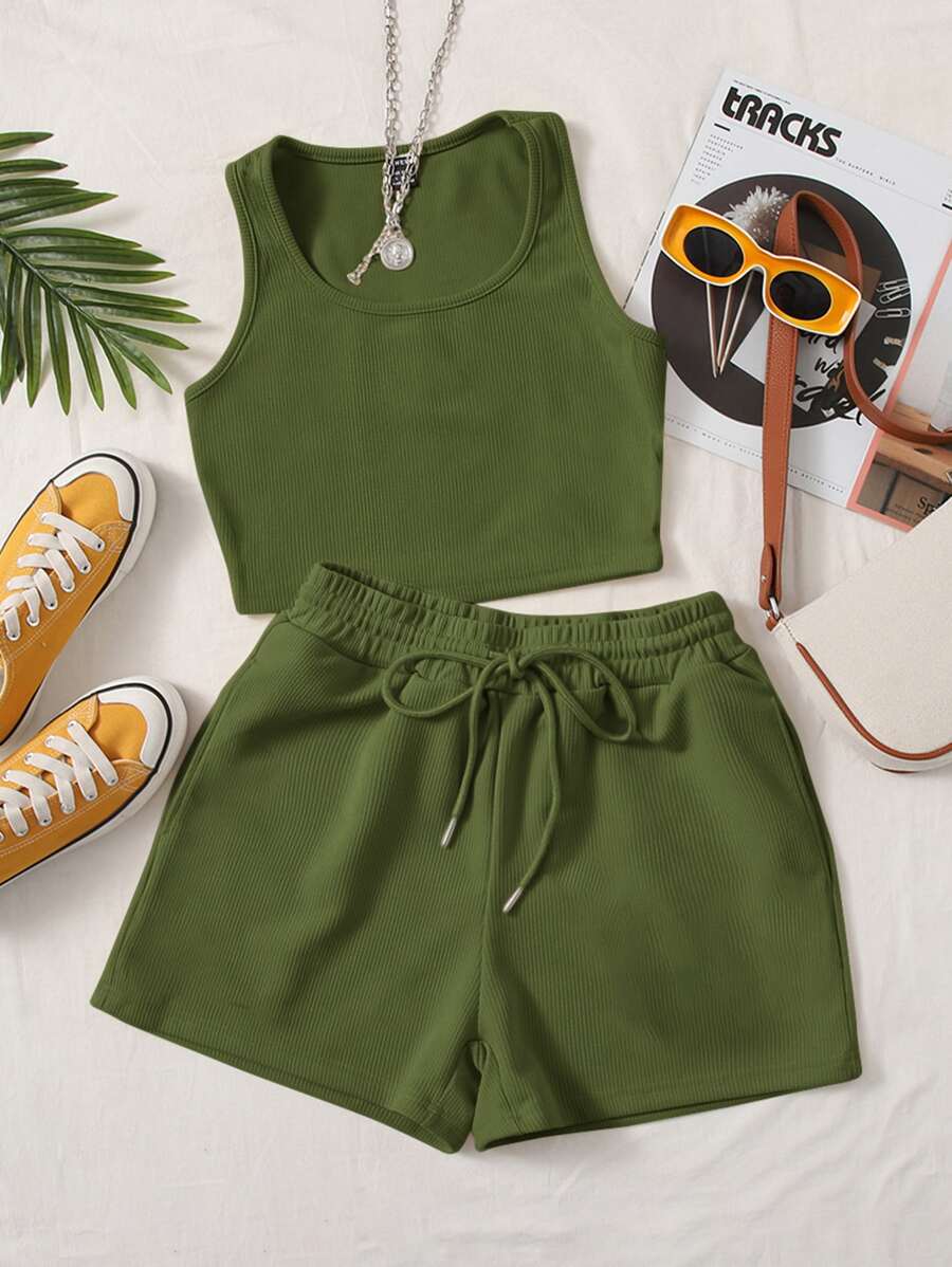 SHEIN EZwear Scoop Neck Tank Top and Track Shorts - Army Green - View 1