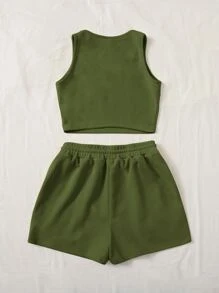 SHEIN EZwear Scoop Neck Tank Top and Track Shorts - Army Green - View 2