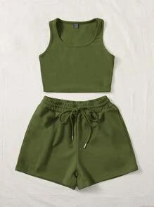 SHEIN EZwear Scoop Neck Tank Top and Track Shorts - Army Green - View 3