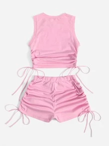 SHEIN EZwear 側抽繩抽褶短版背心上衣和短褲套裝 - 淺粉色 - 查看 3