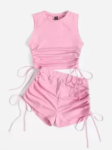 SHEIN EZwear 側抽繩抽褶短版背心上衣和短褲套裝 - 淺粉色 - 查看 4