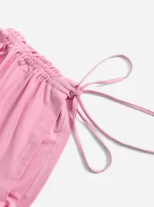 SHEIN EZwear 側抽繩抽褶短版背心上衣和短褲套裝 - 淺粉色 - 查看 6