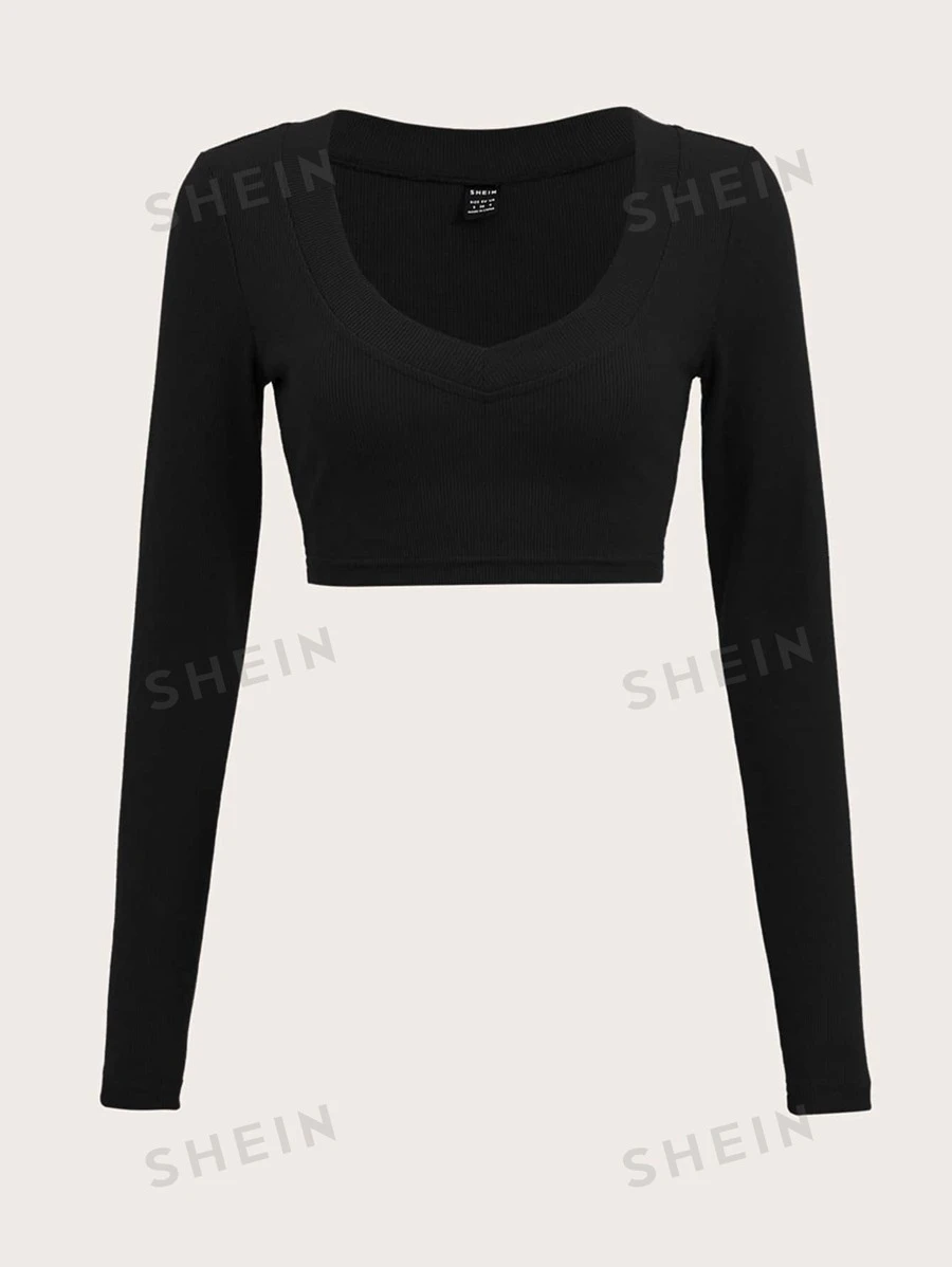 SHEIN EZwear Camiseta corta unicolor de cuello V tejido de canalé